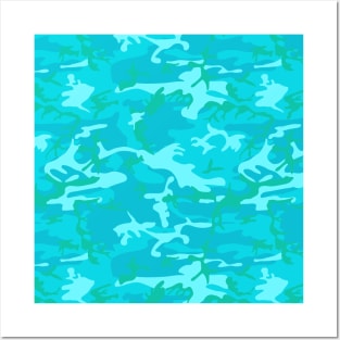 Aqua Blue Teal and Green Camouflage Posters and Art